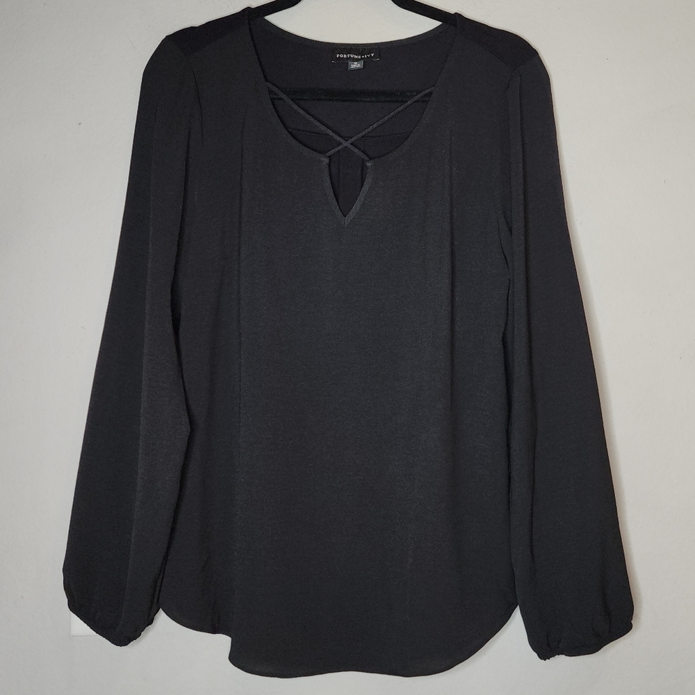 Fortune + Ivy Mixed Media Stretchy Black Long Sleeve Blouse Shirt Size M